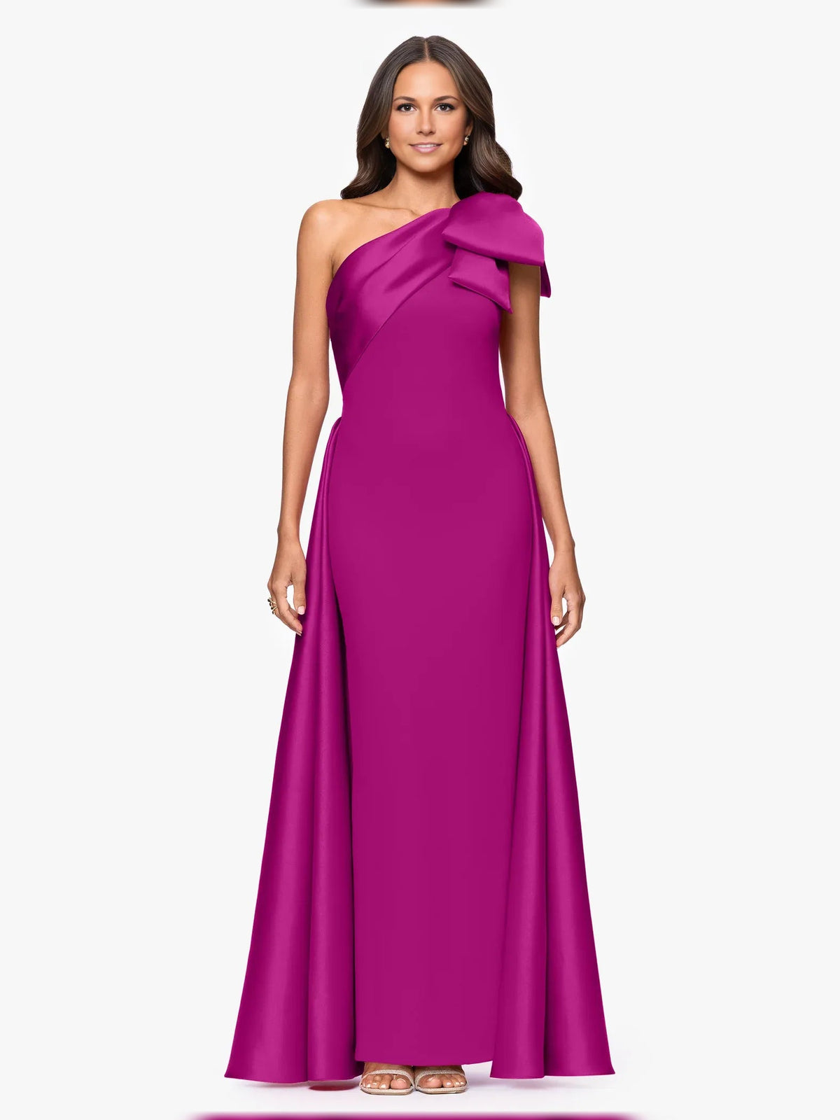 Orchid purple one-shoulder sheath dress with bow shoulder detail and floor-length slit