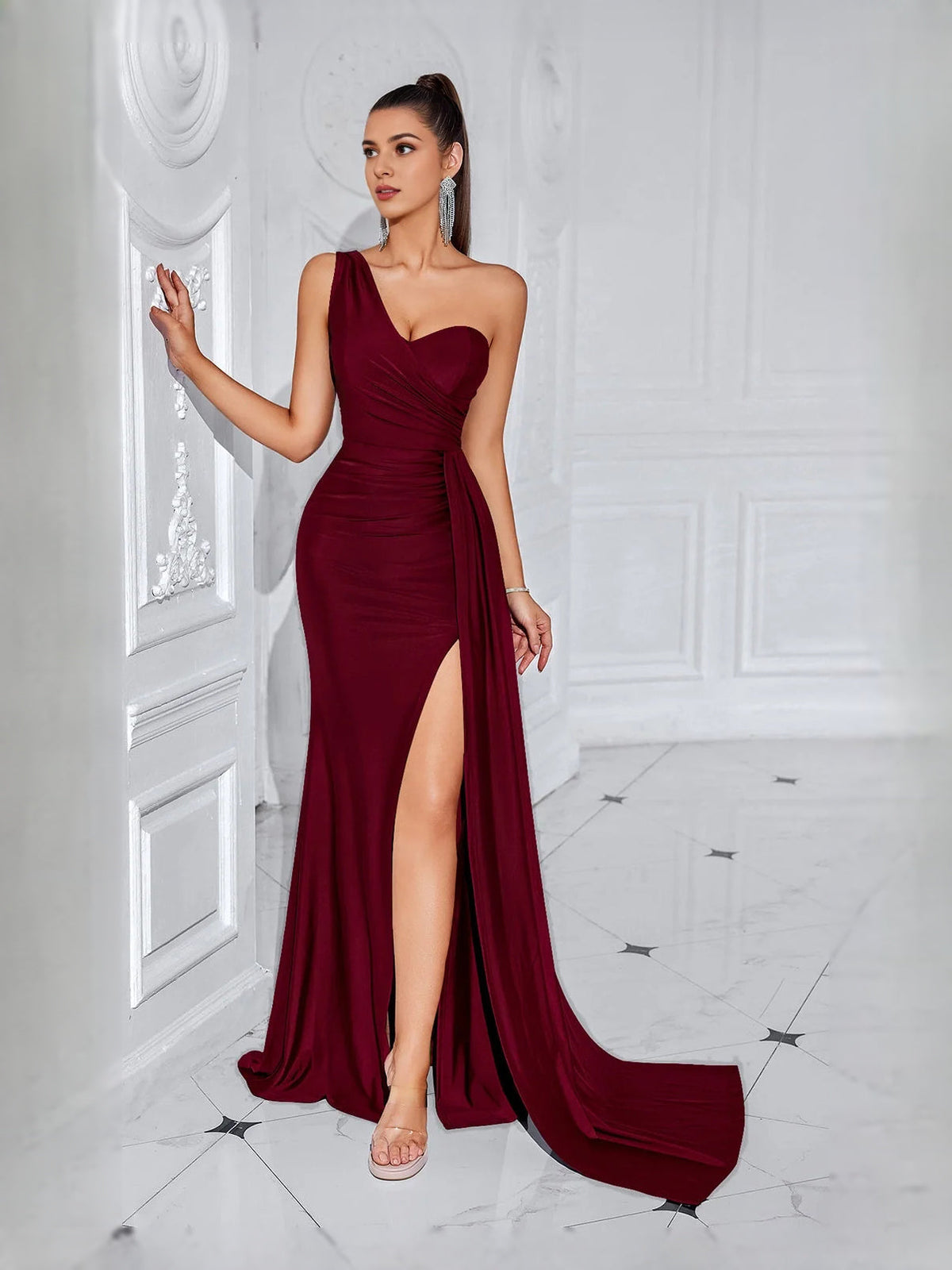 Wine one-shoulder mermaid prom dress with ruched waist and front thigh slit, floor length