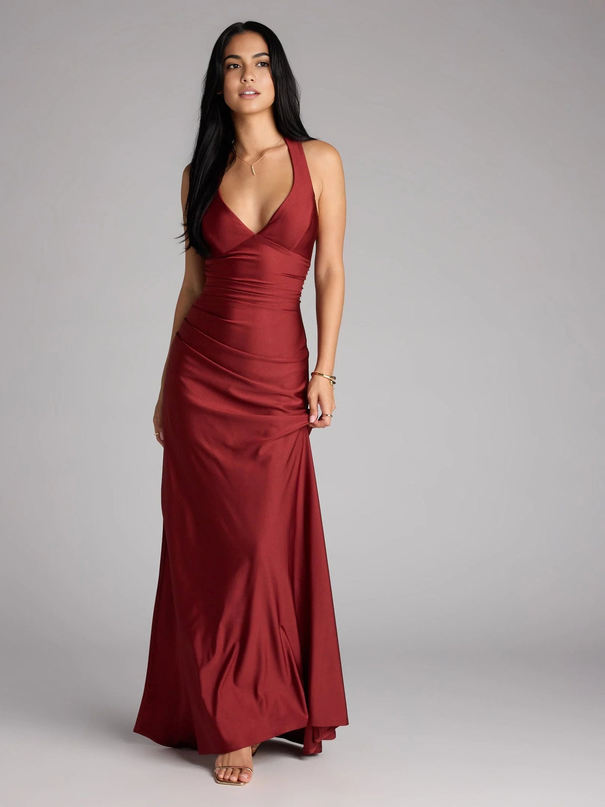 Ruched V-neck mermaid maxi prom dress, wine red satin with side slit