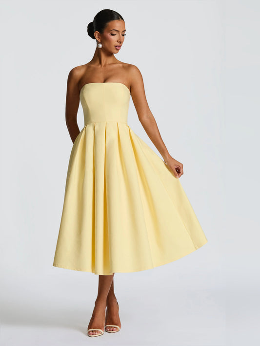 Lemon strapless midi formal dress with full pleated skirt and sweetheart neckline
