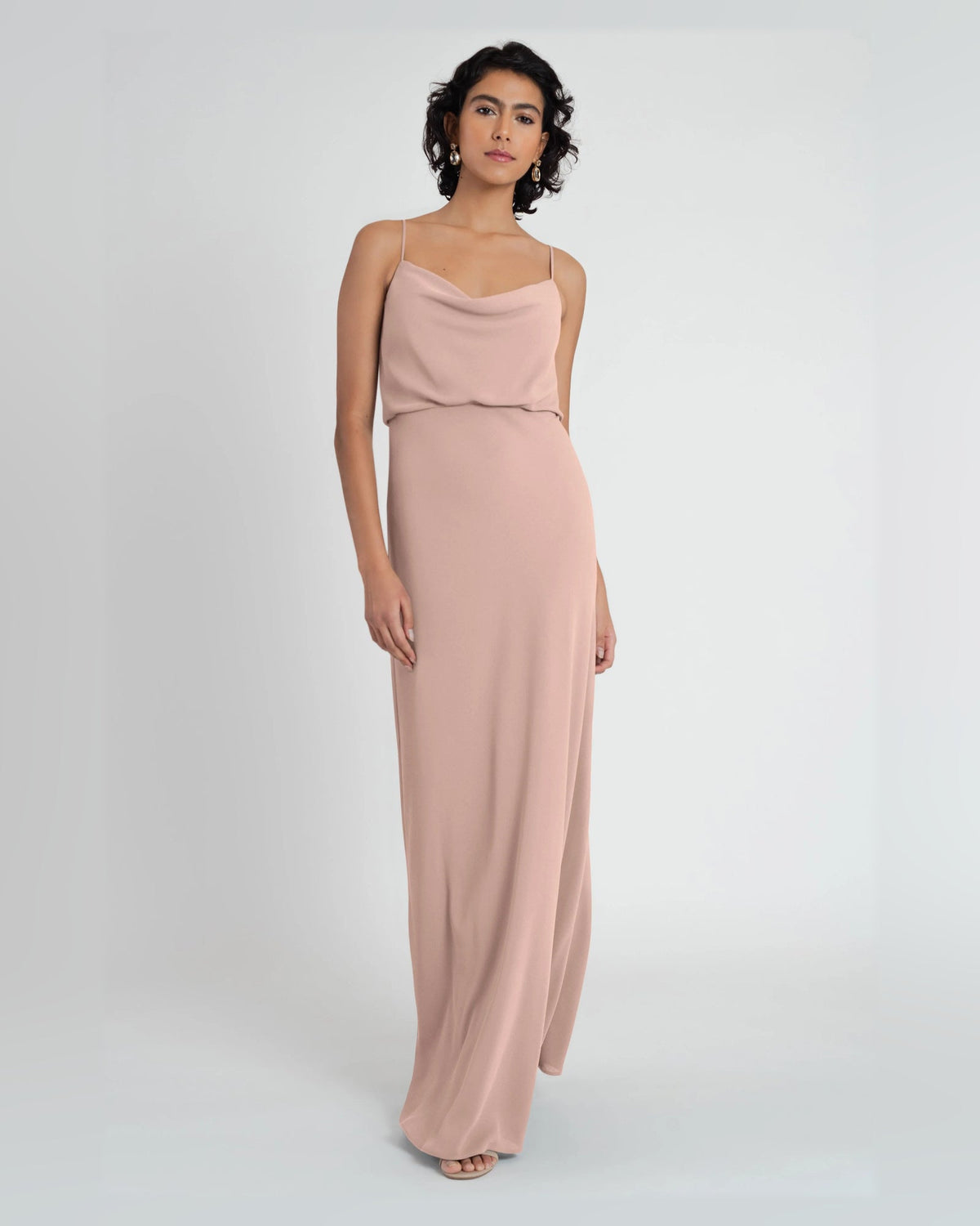 Apricot draped cowl-neck A-line formal dress, floor-length, spaghetti straps