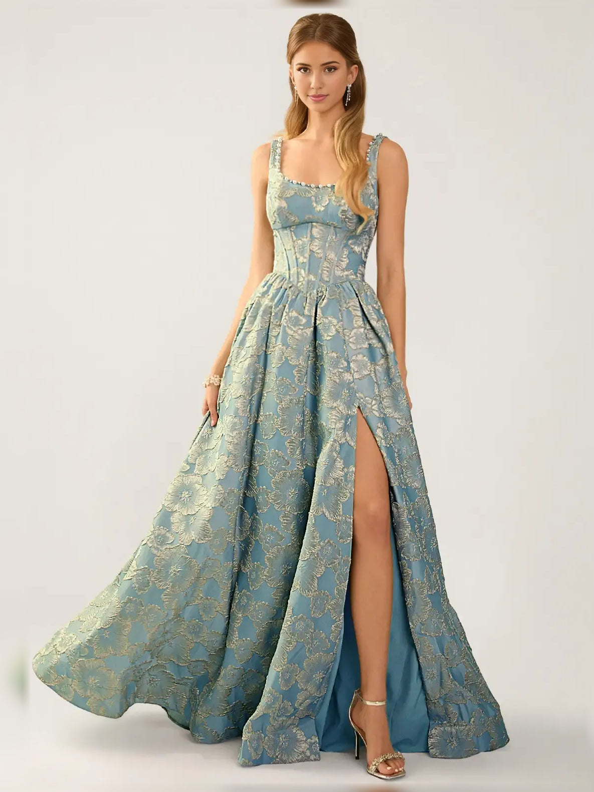 Floral print scoop neck corset floor-length formal dress with side slit, blue/gold detail
