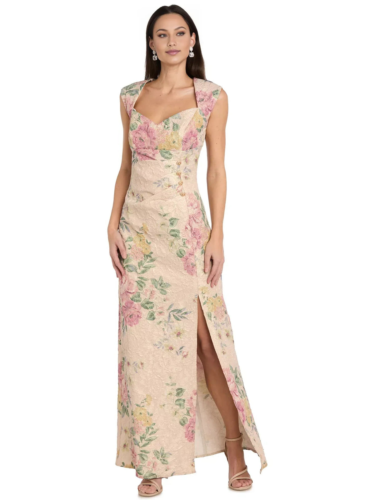 Sleeveless floral slit sheath formal dress, sweetheart neckline, floor-length beige with pink flowers