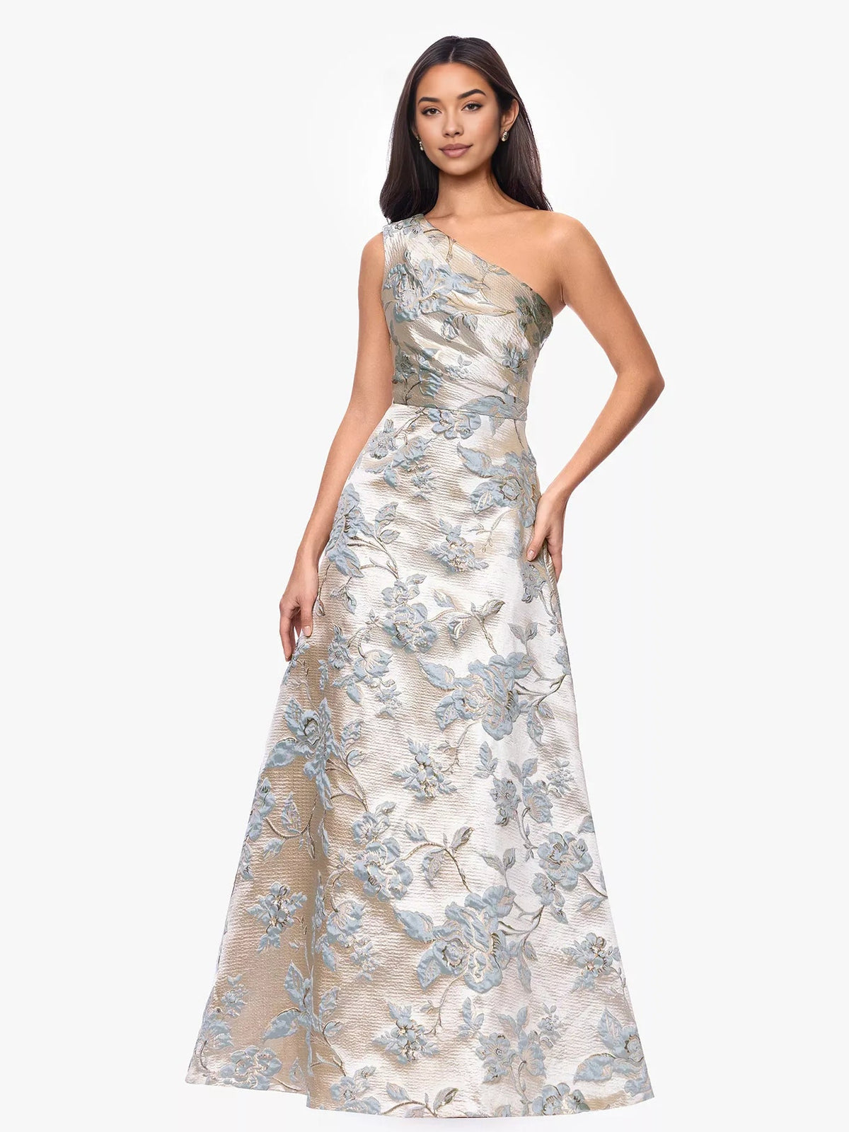 One-shoulder floral jacquard A-line formal dress, fitted bodice and flowing skirt, light blue