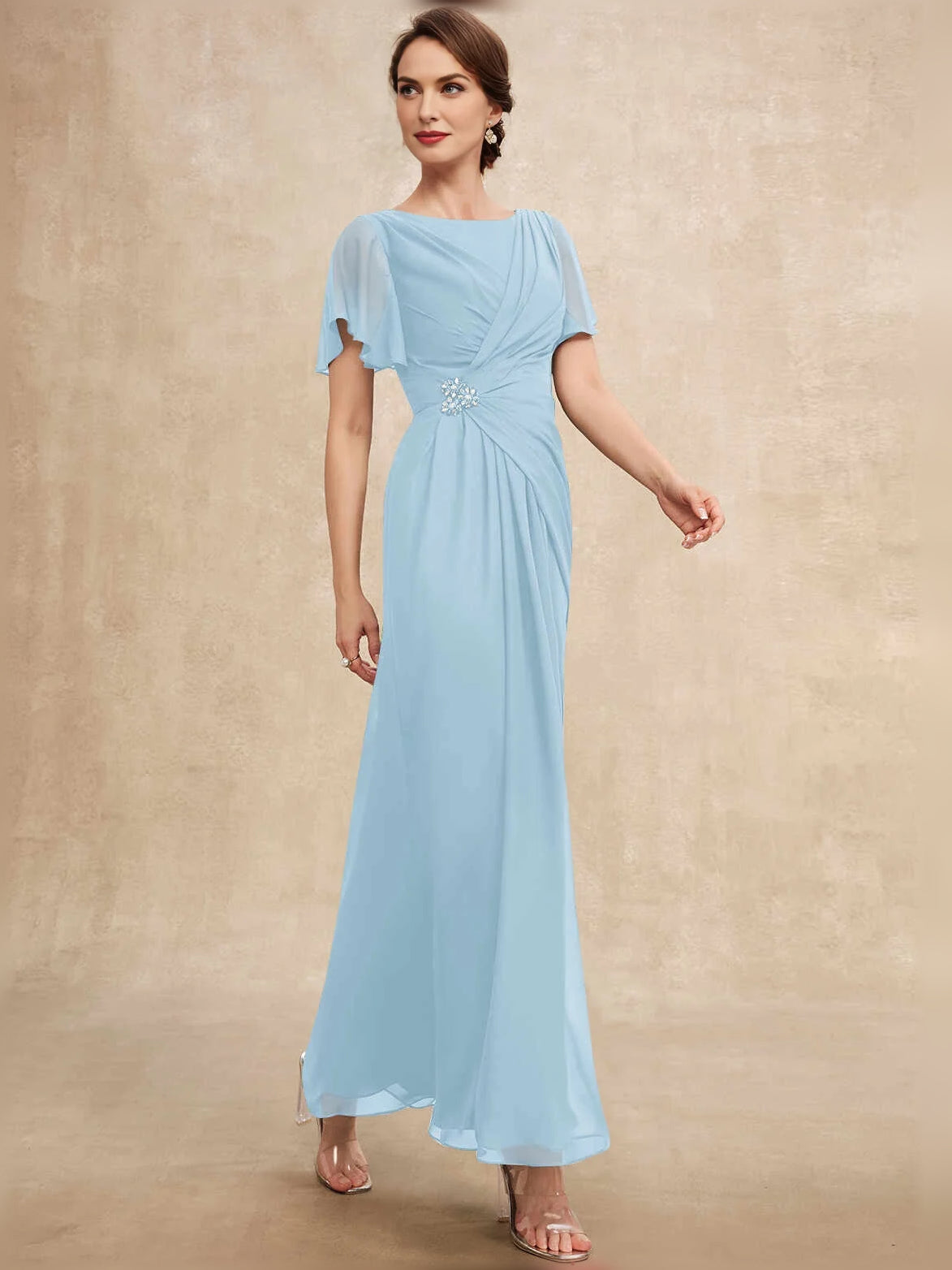 Light blue chiffon A-line maxi dress with draped ruched waist and flutter sleeves