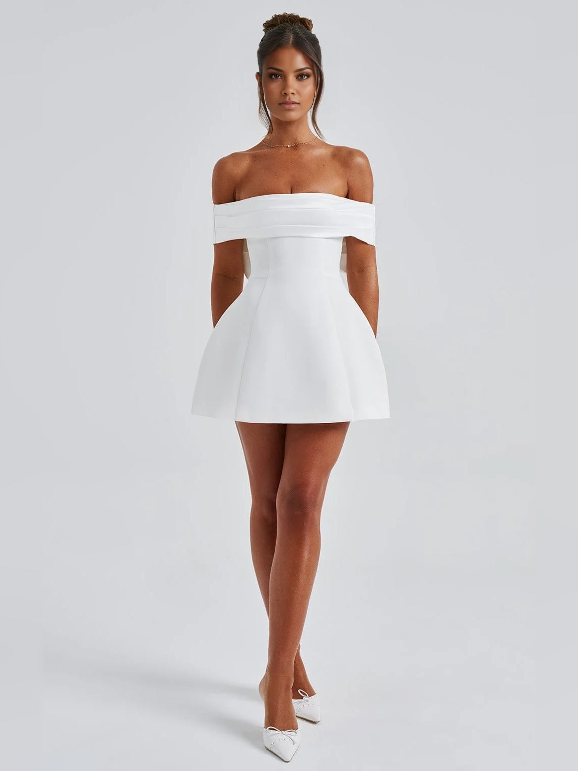 Ivory off-shoulder A-line mini satin dress with wide foldover neckline