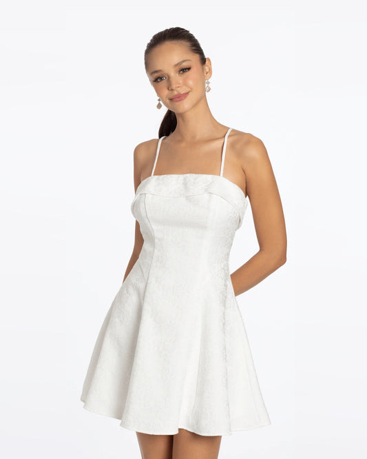 Off-white square-neck A-line dress with thin straps and textured fabric