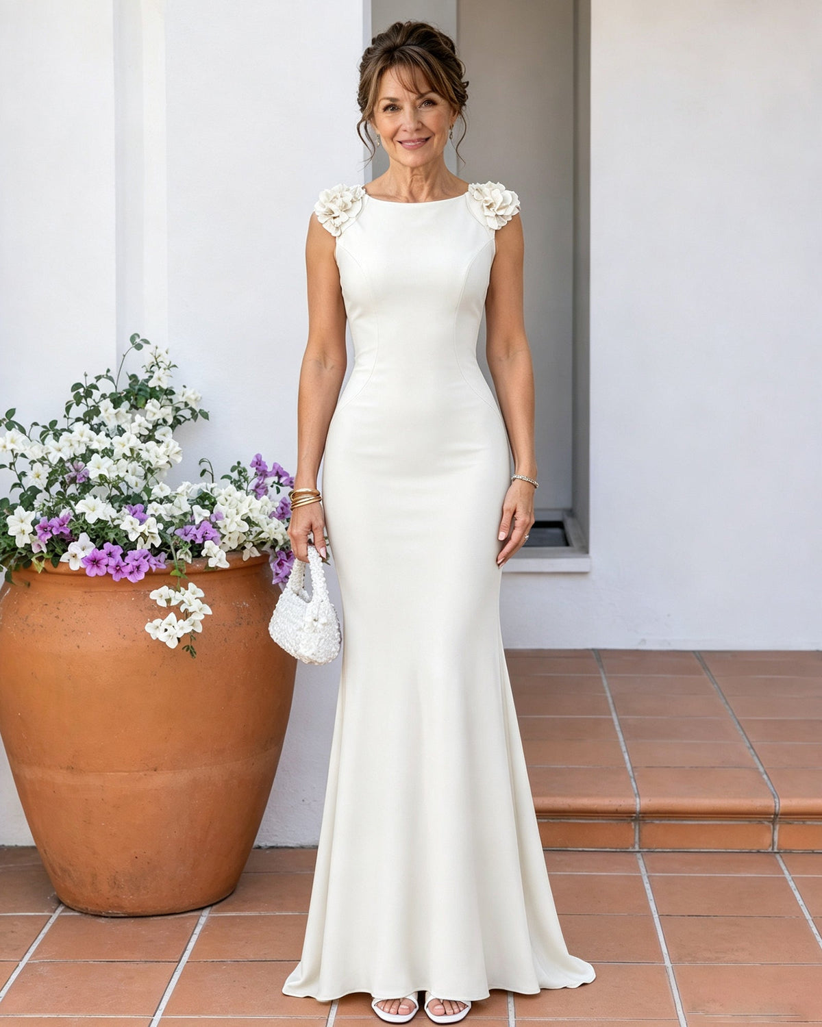 Ivory mermaid evening dress with floral ruffle shoulder detail, fitted bodice, long hem