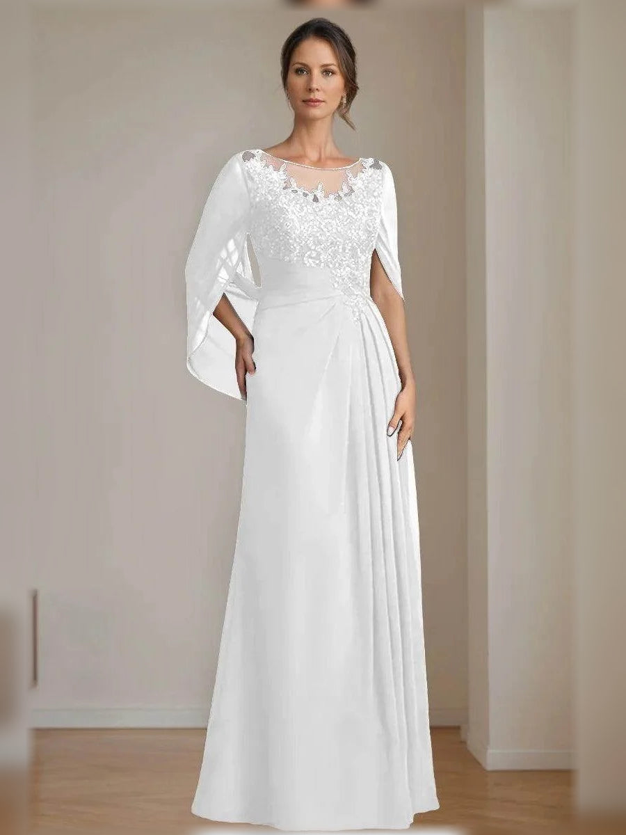 Floor-length mother of the bride dress in white, illusion neckline with draped sleeves