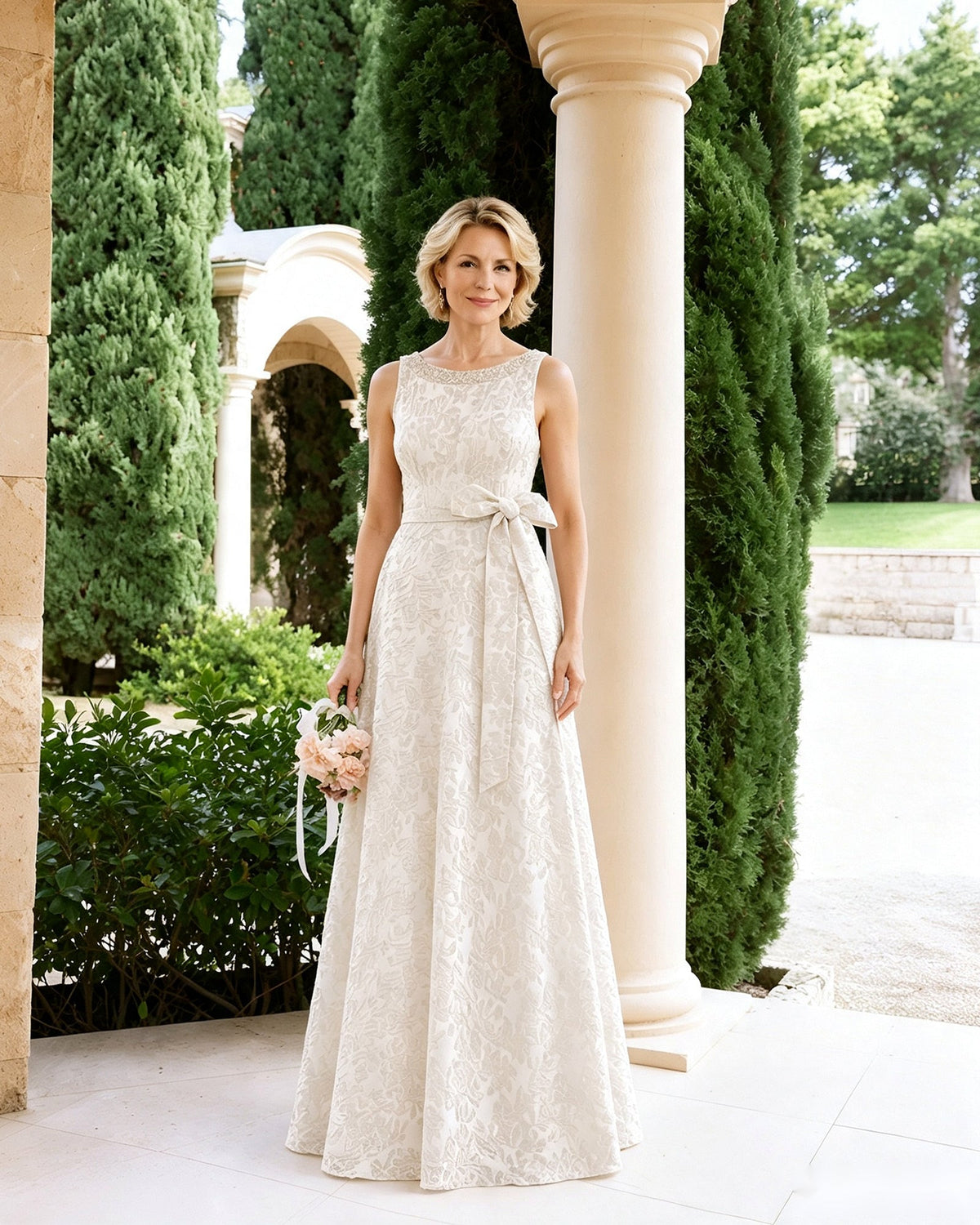 Ivory sleeveless lace A-line dress with tied sash bow at waist