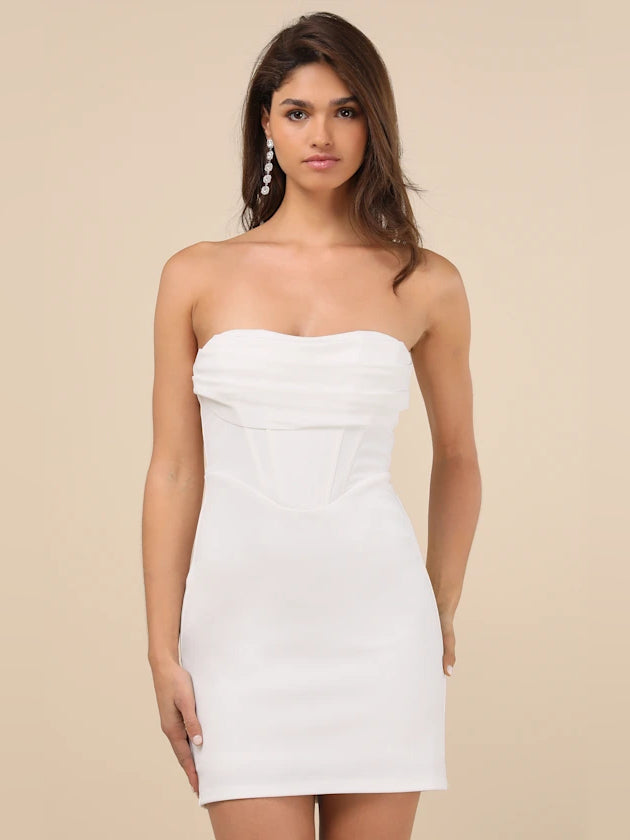 White strapless corset bodycon mini dress with ruffled bandeau top and straight hem