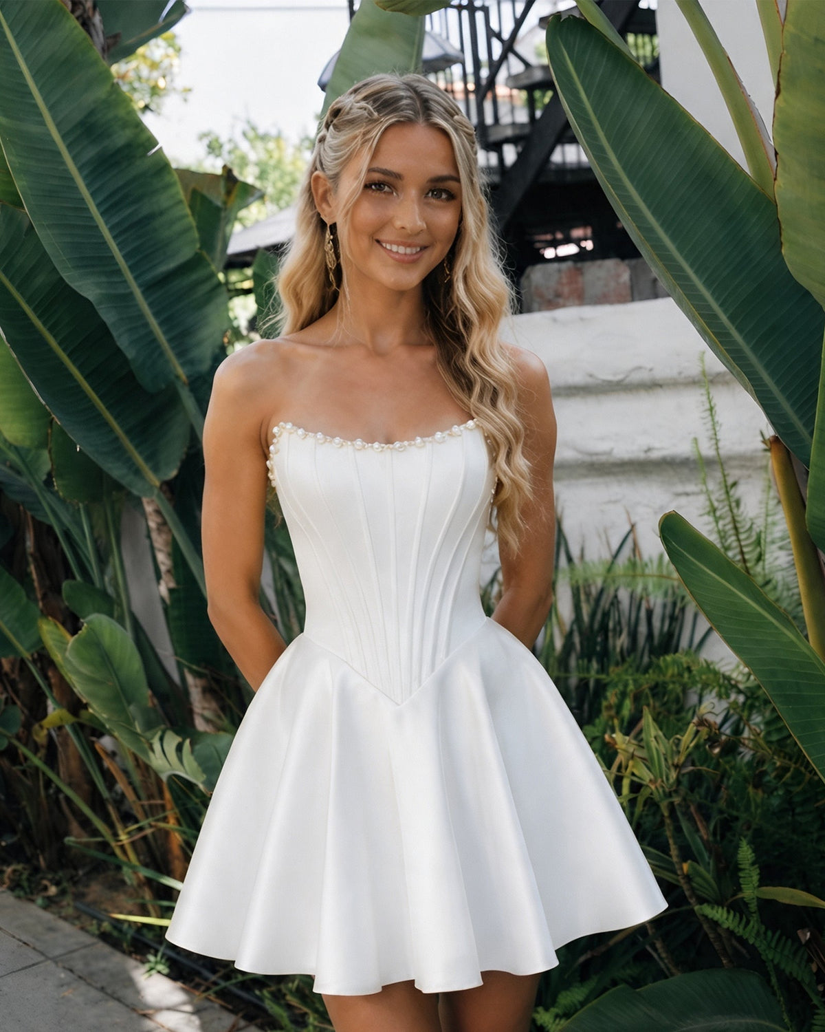 Strapless satin corset homecoming dress, white with pearl-trim neckline and flared skirt