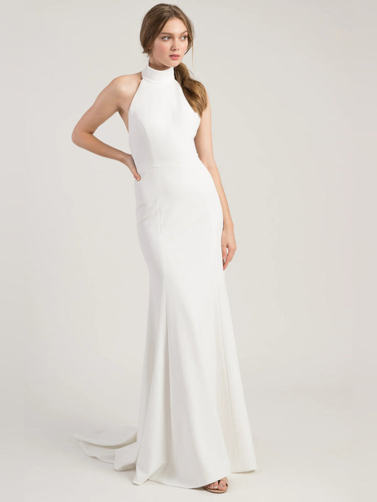 White halter-neck sleeveless A-line floor-length formal dress, front view