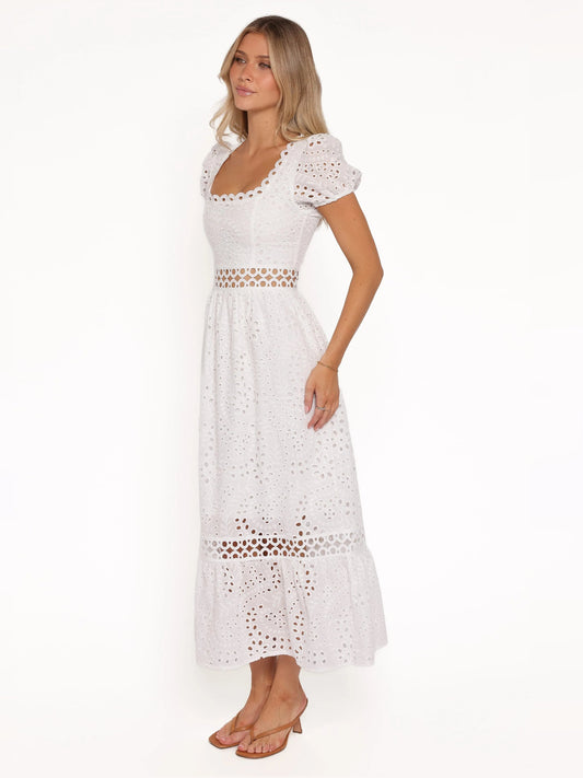 White midi formal dress with square neckline, eyelet pattern, and scalloped lace hem bands