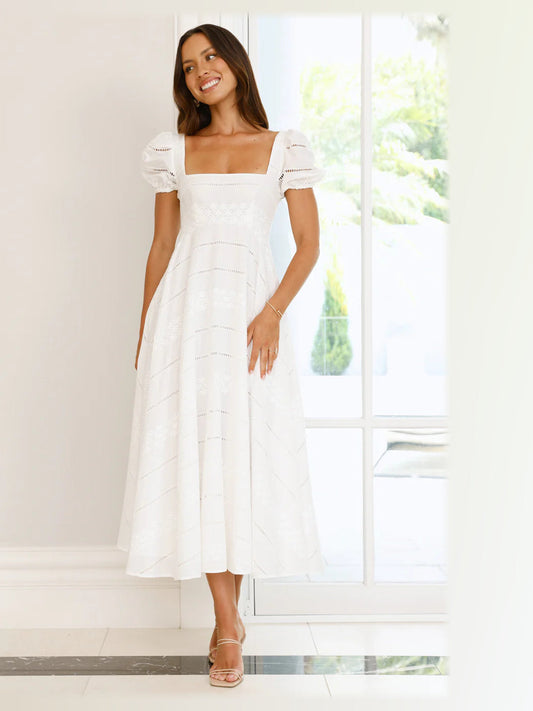 White A-line maxi formal dress with square neckline and tiered skirt panels