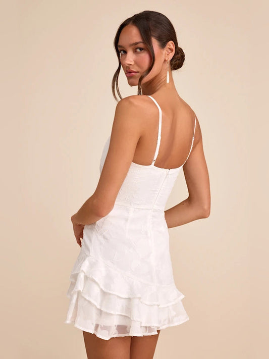 White mini homecoming dress, open back spaghetti straps, layered ruffle skirt
