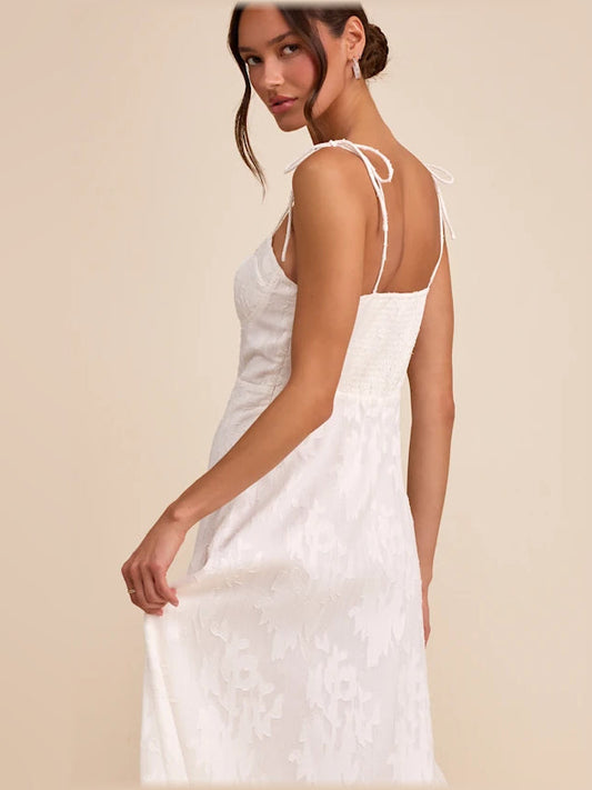 White jacquard midi dress back, thin tie straps and lace-up detail