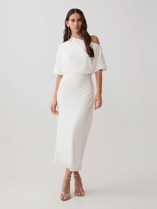 White draped one-shoulder midi dress front view with ruched waist and short sleeves