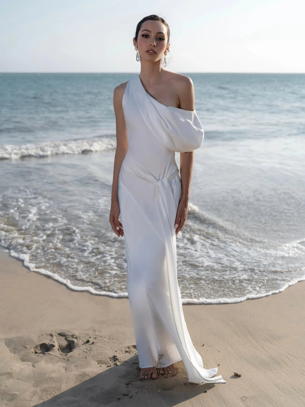 White draped halter-neck satin sheath midi wedding dress, full-length front view