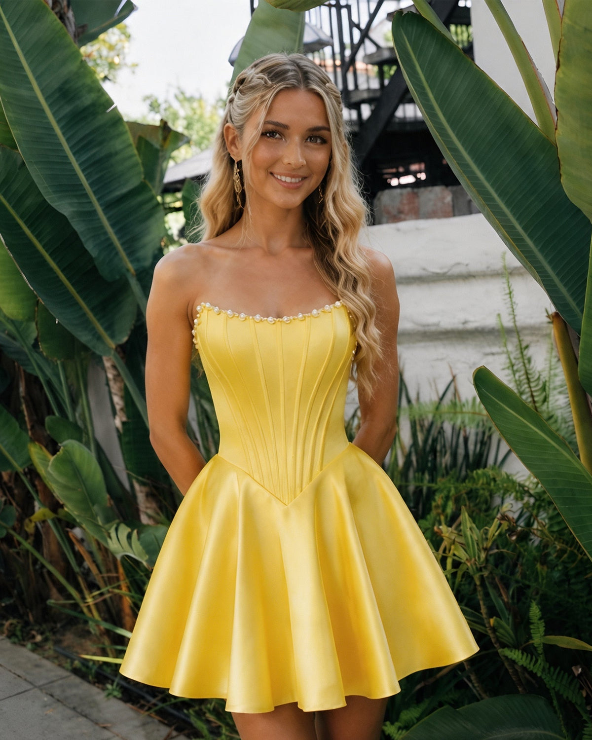 Strapless satin corset homecoming dress, gold yellow with pearl-trim neckline and flared skirt