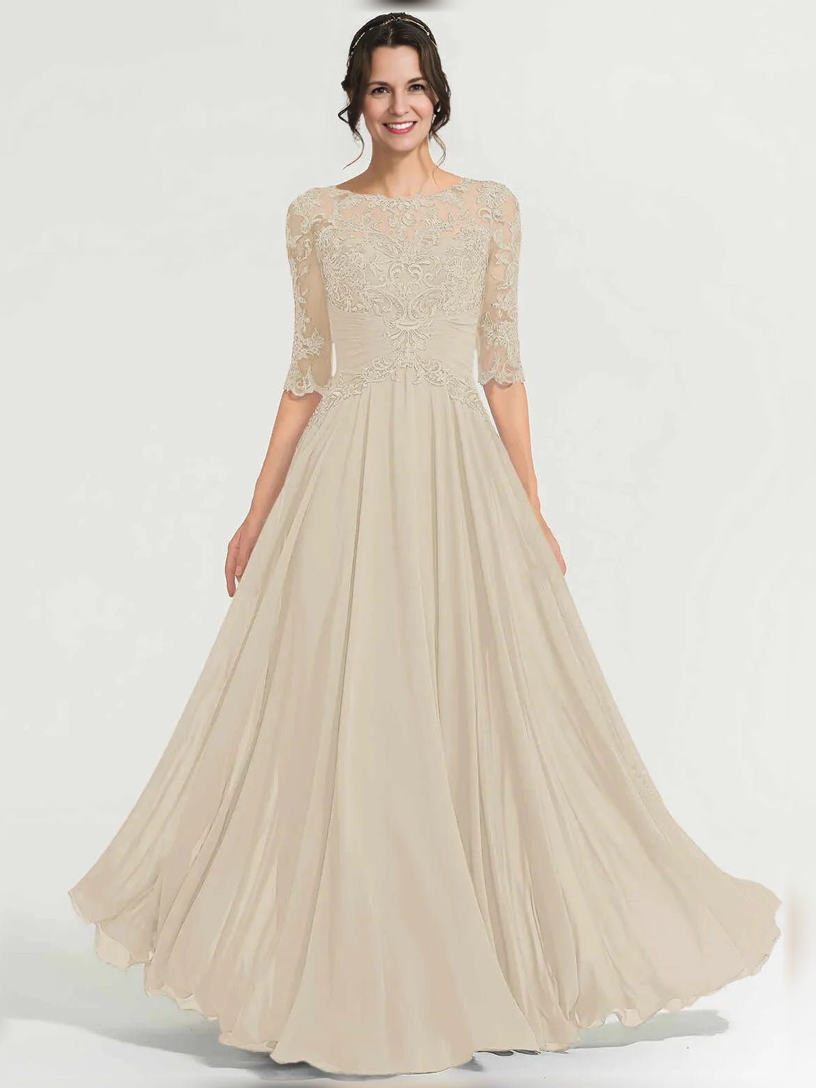 Ivory white floral lace illusion-neck A-line maxi chiffon dress with 3/4 sleeves