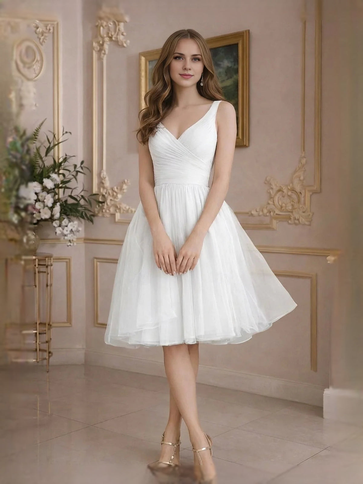 Ruched V-neck tulle prom dress, ivory white sleeveless A-line knee-length skirt