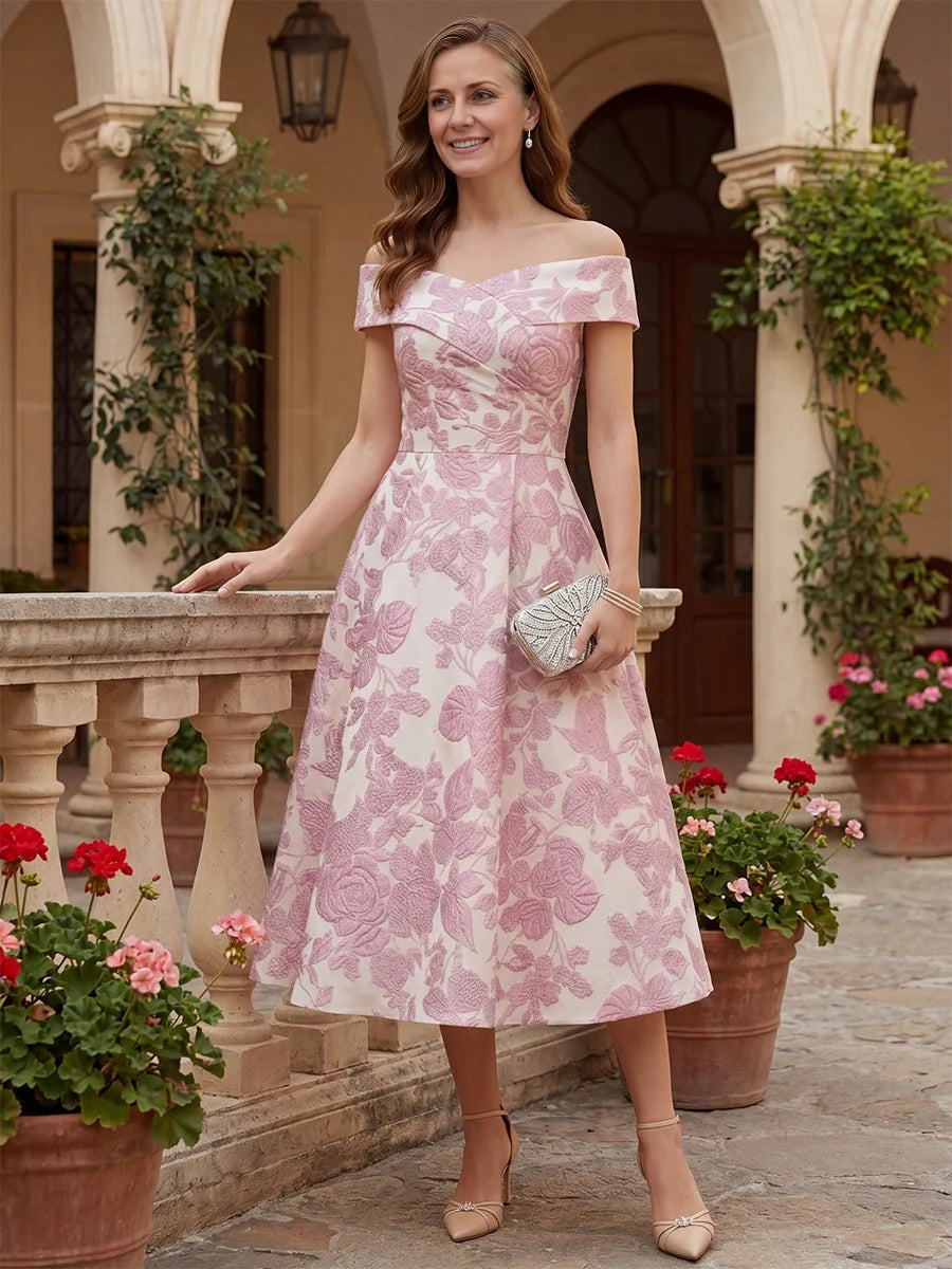 Front view: off-shoulder A-line tea-length dress with pink floral embroidery