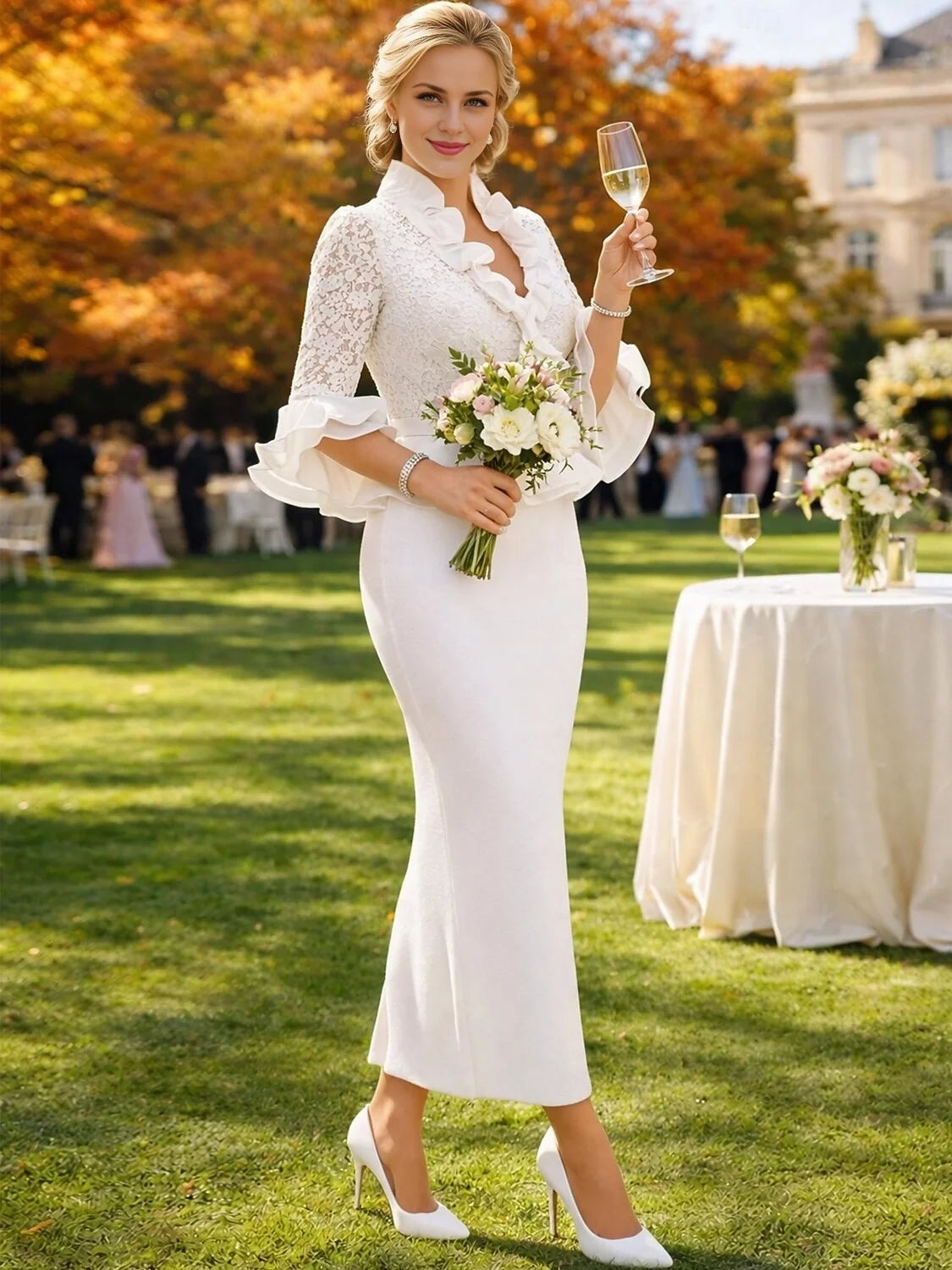 Ivory off-shoulder midi sheath dress with floral lace sleeves, layered ruffle neckline, slit