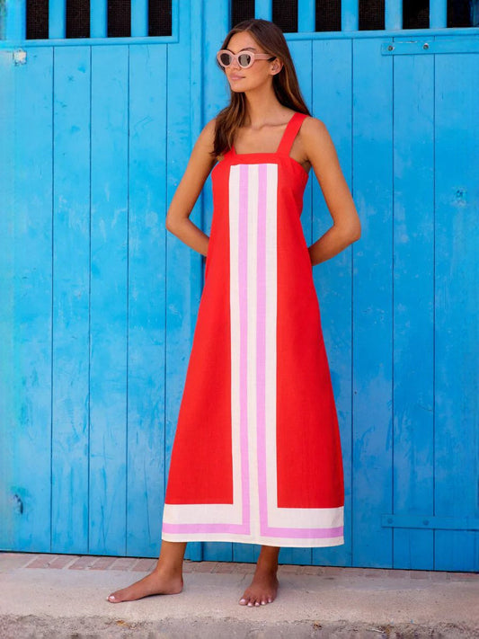Red stripe maxi dress, square neckline, A-line fit with bold red-and-white vertical blocks