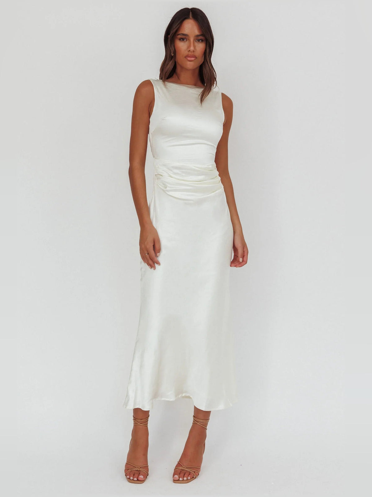 White sleeveless ruched midi formal dress with scoop neckline and side ruching