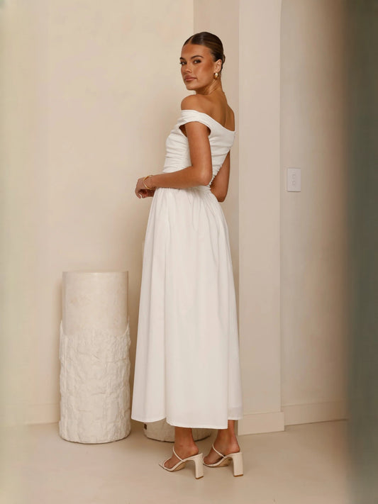 White off-shoulder midi dress with cap sleeves and voluminous gathered skirt