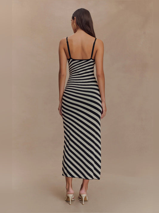 Black-and-white striped knit midi dress with open back, spaghetti straps, bodycon fit