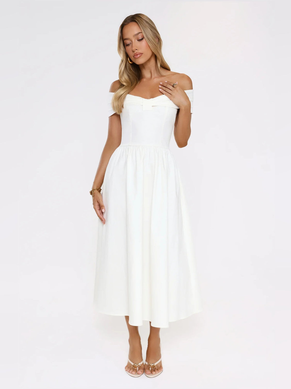 White off-shoulder midi dress with gathered skirt and clean straight hem