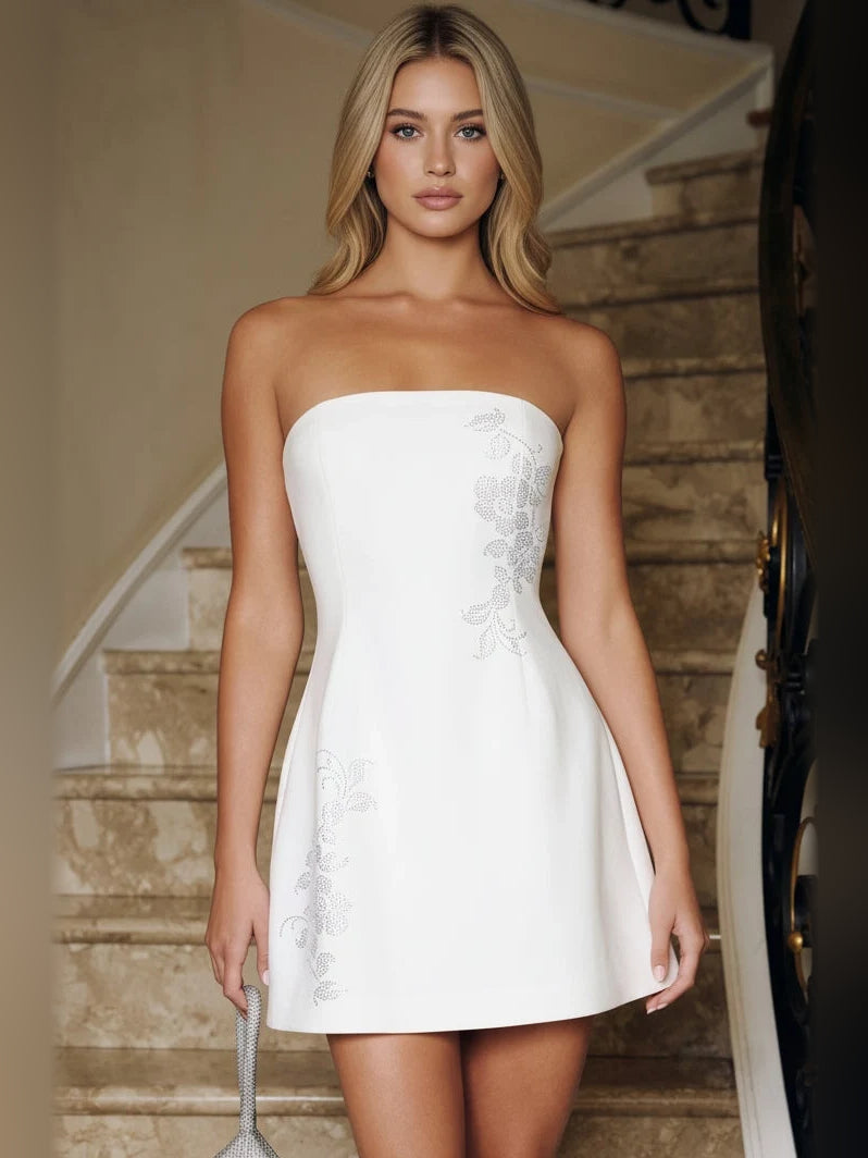 White strapless corset-style mini dress front view with floral lace overlay, A-line