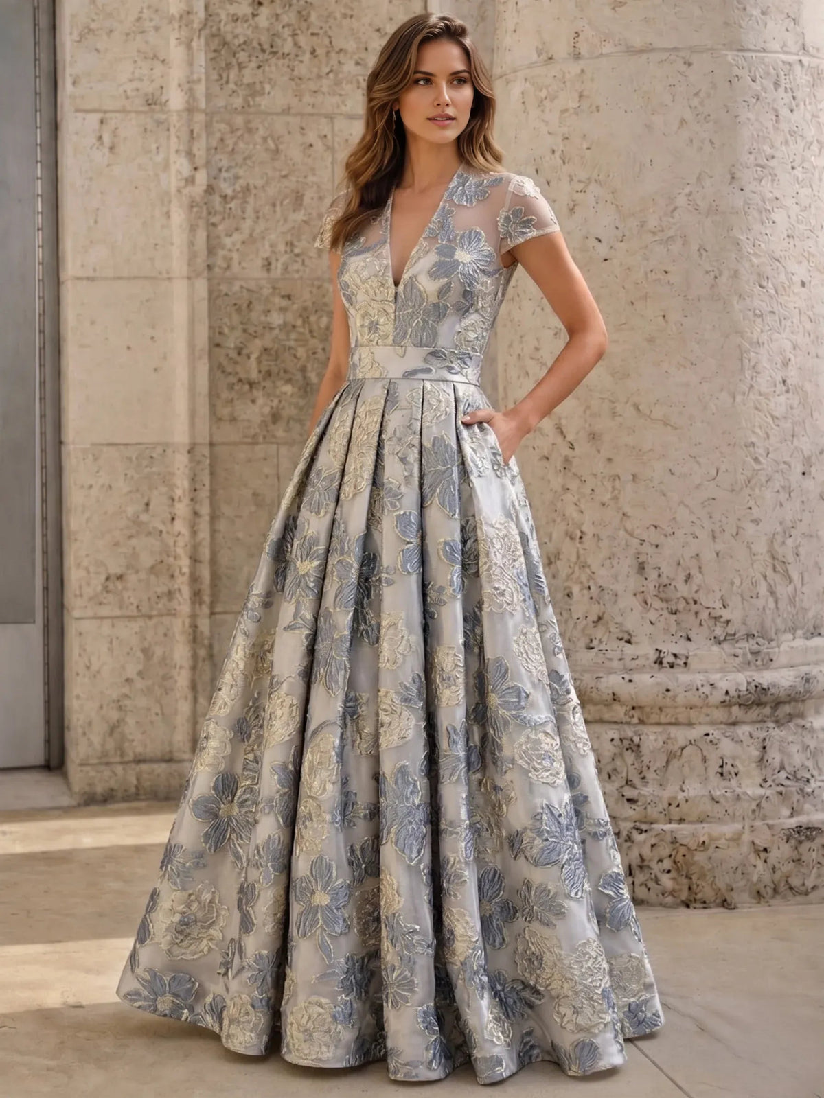 Light floral V-neck pleated formal gown with short sleeves, floor-length skirt