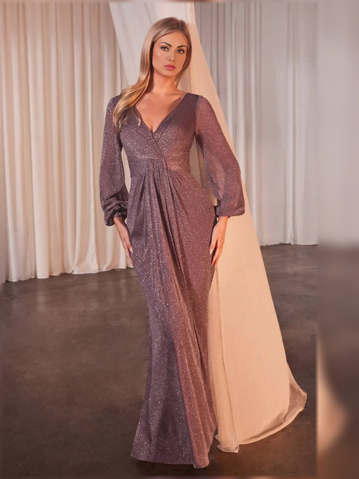 Mauve glitter V-neck long-sleeve sheath formal dress, side slit, floor length