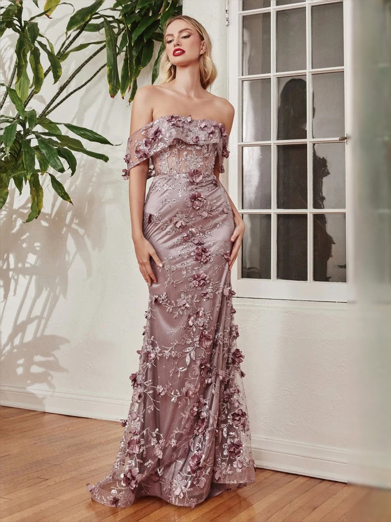 Mauve floral appliqued mermaid prom dress with corset bodice and side slit