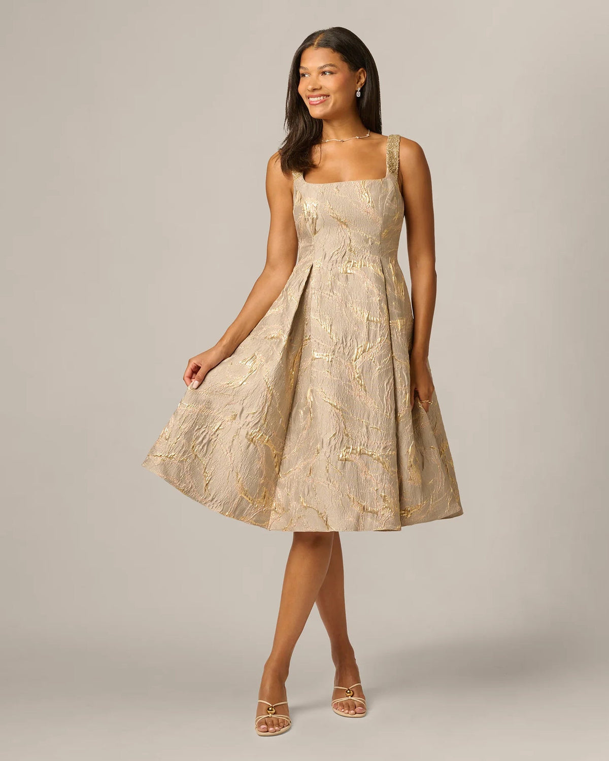 Mink square-neck fit-and-flare midi dress with gold shimmer texture