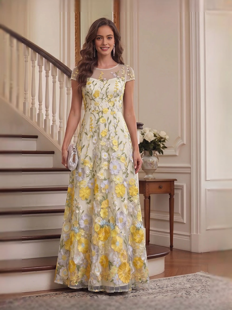 Pale lemon floral embroidered cap-sleeve A-line tulle gown, floor-length