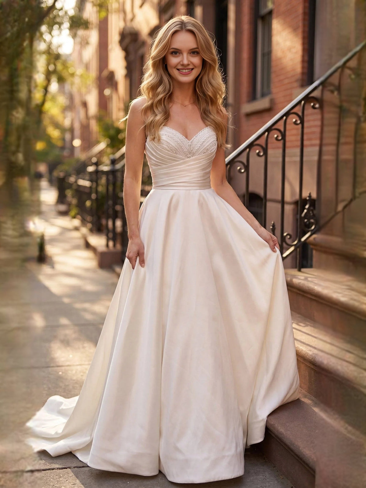 Ivory satin sweetheart wedding dress, ruched bodice and sleeveless neckline, full skirt