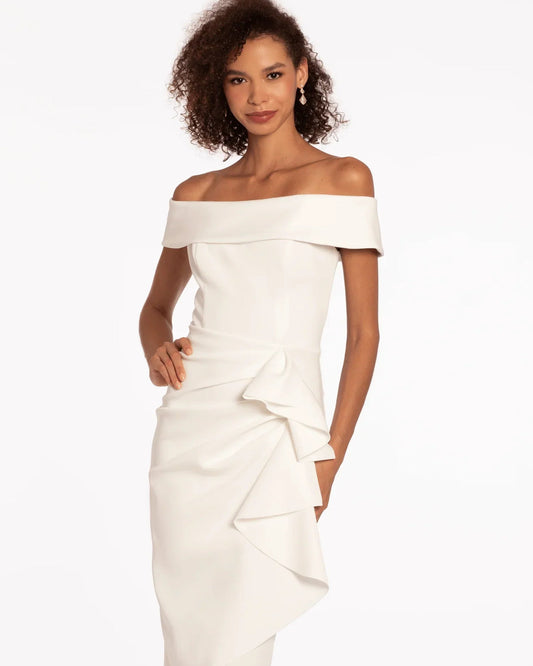 Ivory off-shoulder A-line maxi dress with draped waist ruffle and wrap skirt