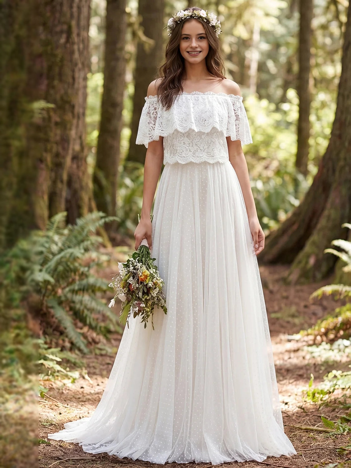 Ivory off-shoulder lace A-line wedding dress with layered ruffles and long tulle hem