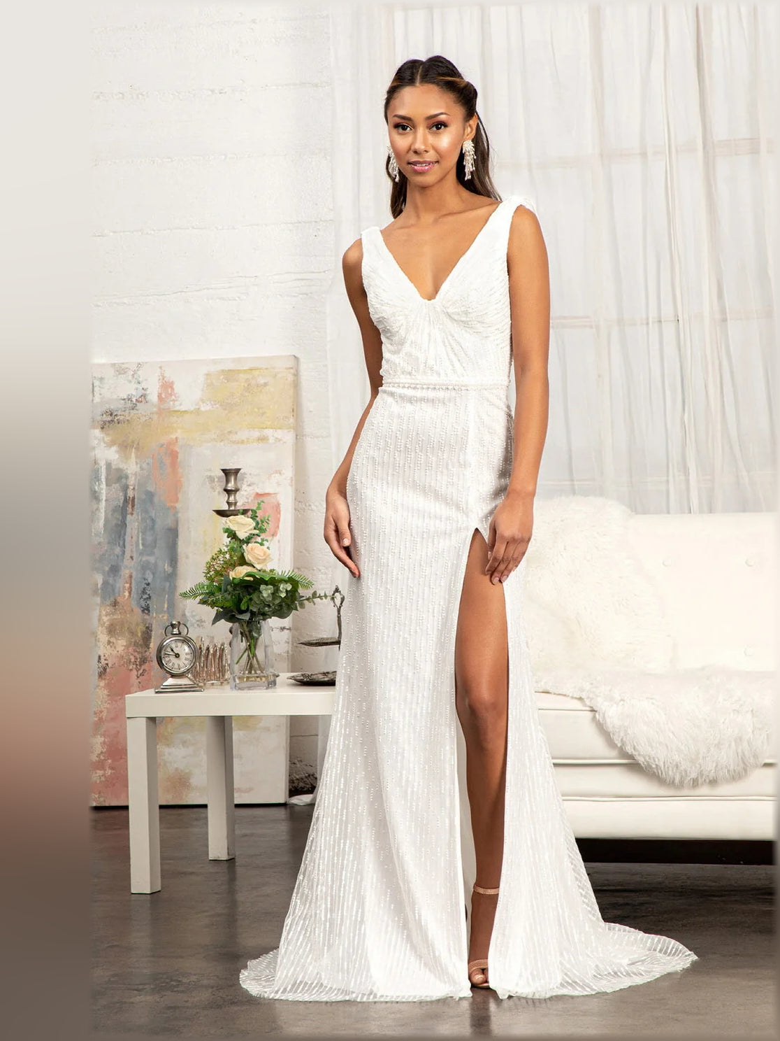 Ivory sleeveless deep V-neck beaded ruched formal dress with high slit