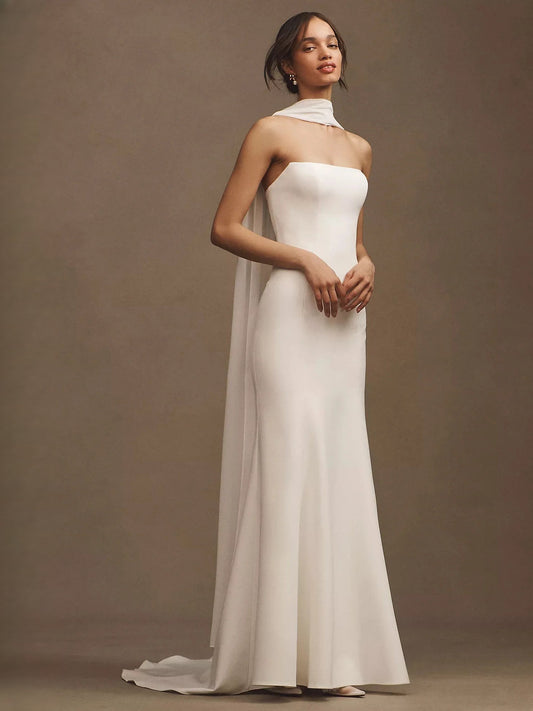 Ivory strapless satin mermaid wedding dress with flowing draped chiffon sash