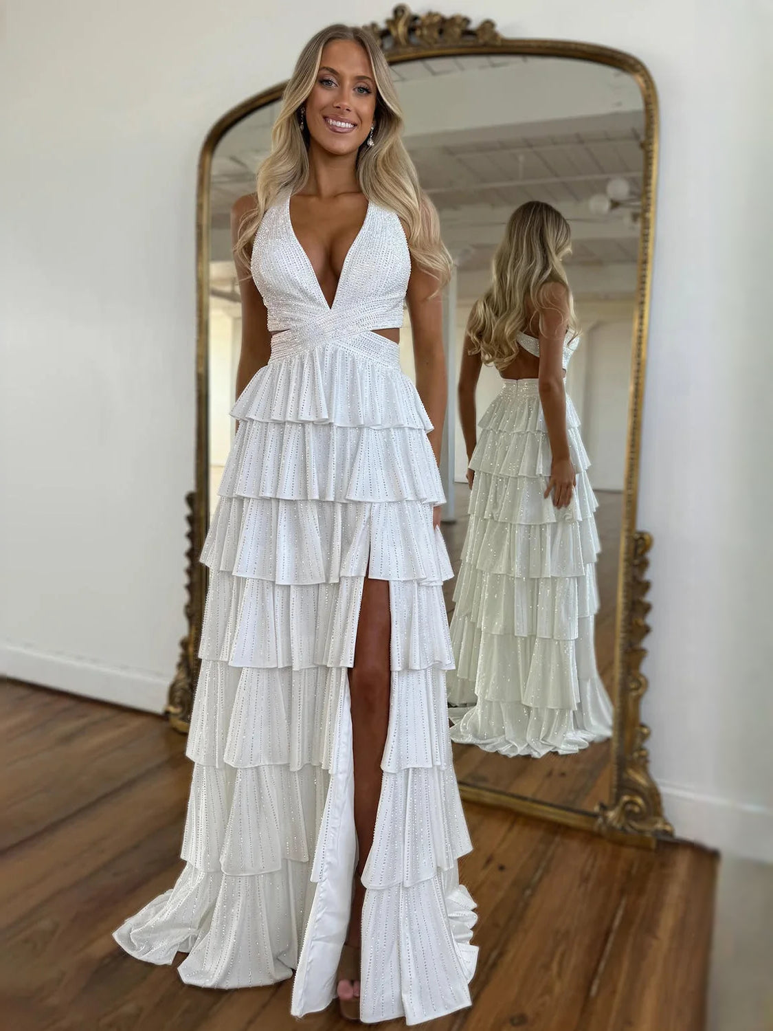 Tiered beaded slit V-neck A-line prom dress, ivory with layered tiered ruffles