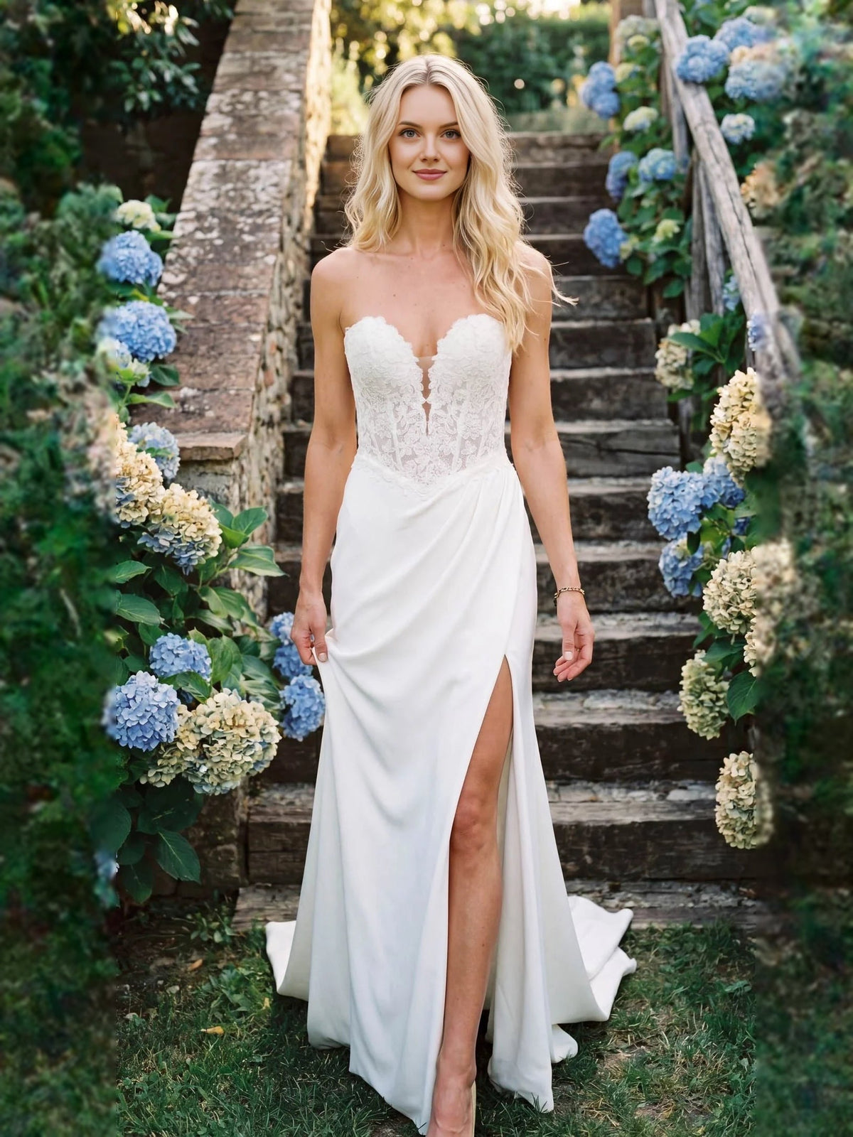 Ivory sweetheart lace wedding dress with front slit and flowing mermaid skirt with train