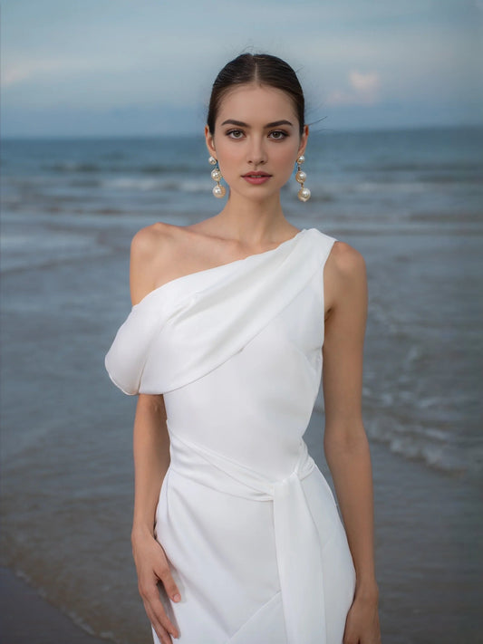 Ivory satin one-shoulder draped sheath wedding dress with waist twist detail, floor-length