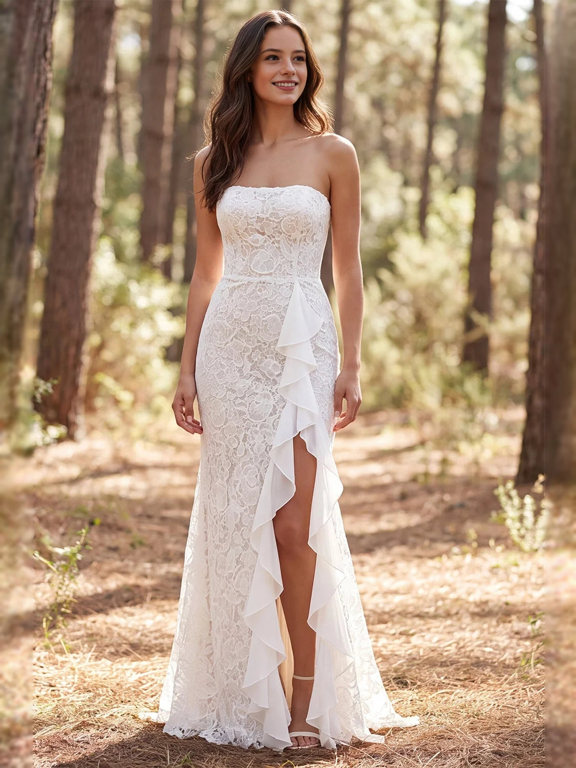 Ivory strapless lace mermaid wedding dress with ruffled chiffon train and slit