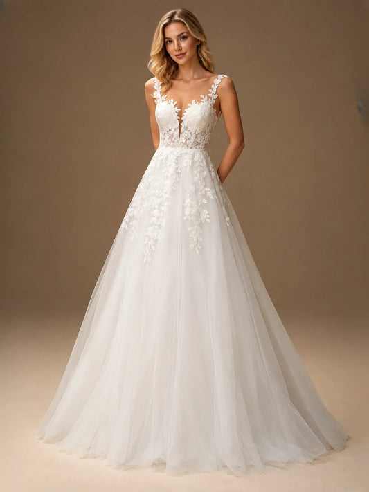 Ivory floral V-neck A-line wedding dress with layered tulle skirt, sleeveless