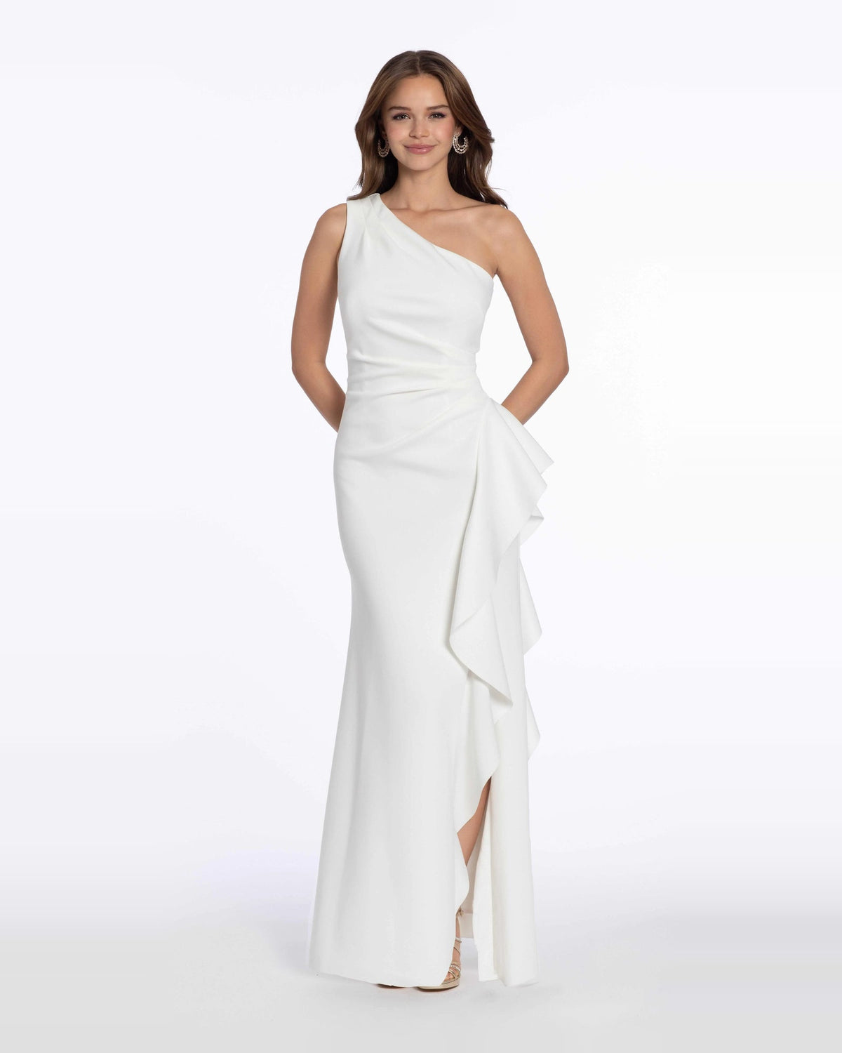 Ivory one-shoulder trumpet maxi dress with ruched waist and asymmetrical ruffle drape